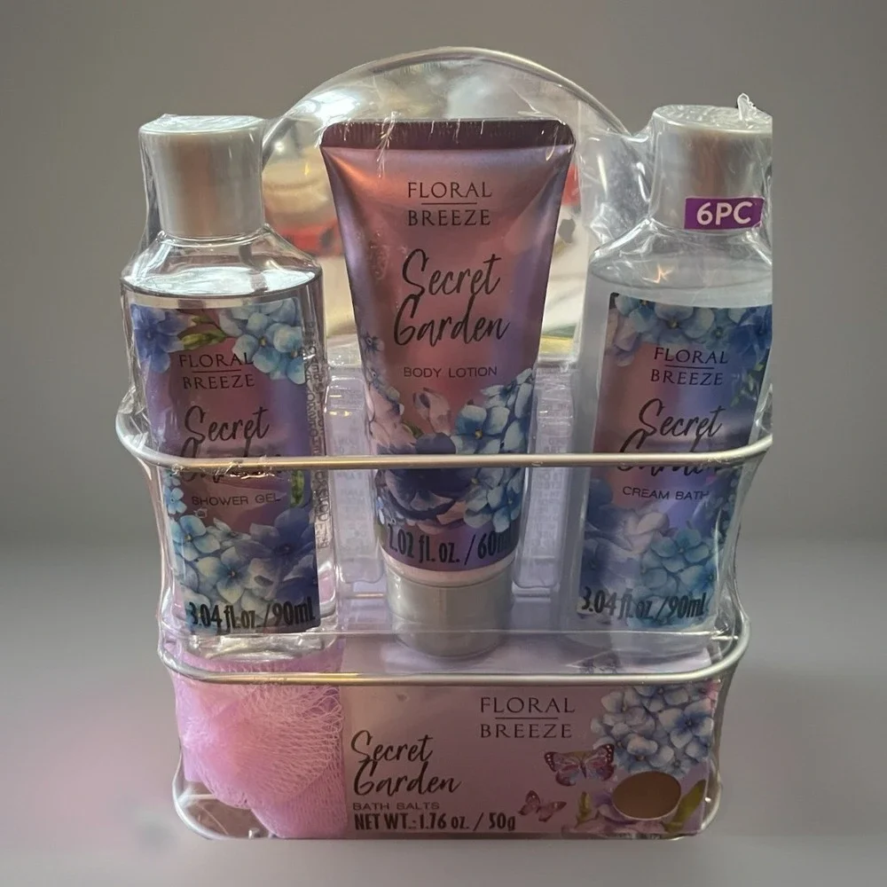 Floral Breeze Secret Garden Gift Set Pc Shower‎ Bath Gel, Lotion, salts Caddy